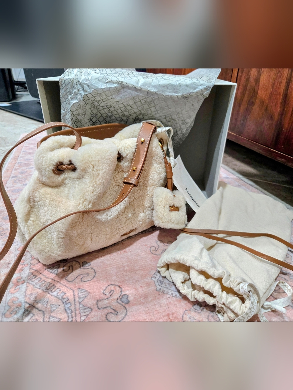Songmont Amber Shearling Gather Clutch Set Small NWT Luxury Wool Leather